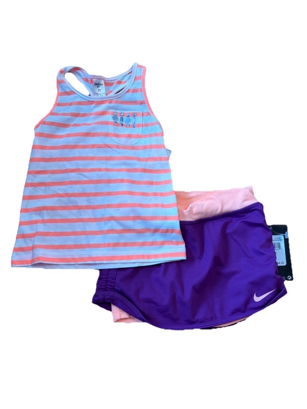 OshKosh Little Girls Orange Striped Racerback Tank Top & Nike Skort - Size 2T